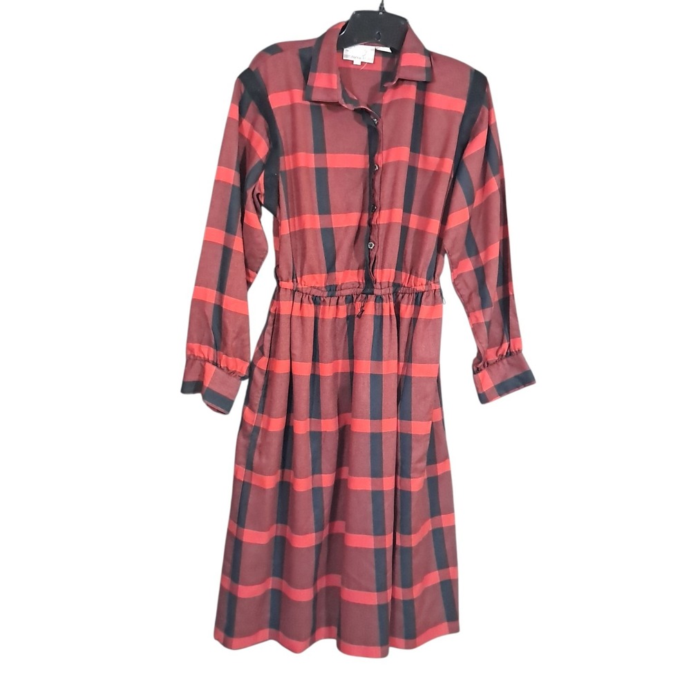 Shapely Dress Co Red Black Plaid Button Down Shirt Dress Sz 10 Midi 80s Country - Picture 2 of 13